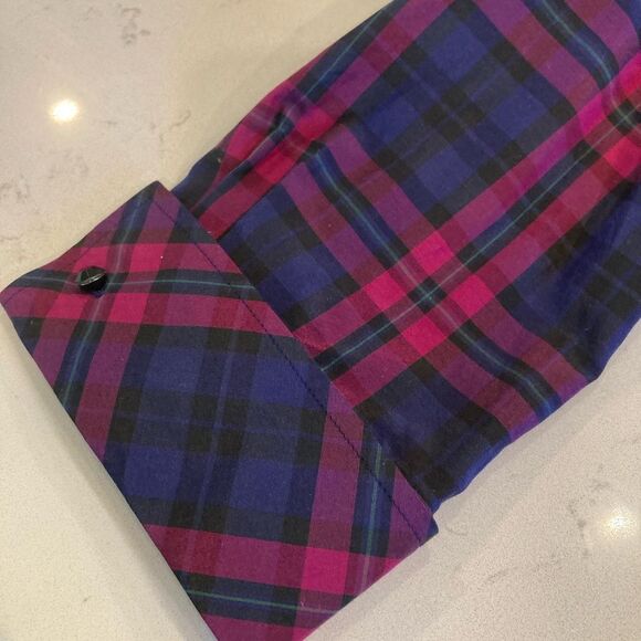 TALBOTS BURGUNDY PLAID SILK COTTON SHIRT DRESS FIT and FLARE 3/4 SLEEVES POCKETS - Picture 7 of 10